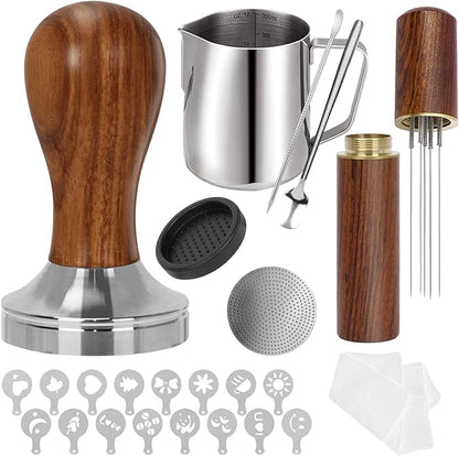 53.3mm Espresso Accessories Kit, 24PCS Coffee Tamper Set，Barista Kit, WDT Tool,stainlesss Frothing Pitcher, Stirrer, Tamper Mat, Latte Art Pen ， Coffee puck screen
