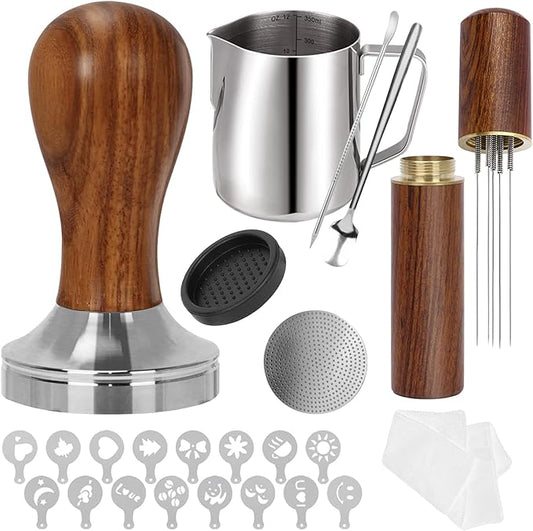 58.5mm,Espresso Accessories Kit, 24PCS Coffee Tamper Set ， Barista Kit, WDT Tool,stainlesss Frothing Pitcher, Stirrer, Tamper Mat, Latte Art Pen ， Coffee puck screen