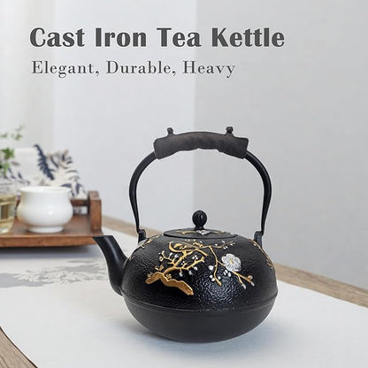 Cast Iron Teapot SECHUDO Teapot for Stovetop Safe Coated with Enameled Interior,Japanese Beautiful Tea Kettle with Stainless Steel Infuser for Loose Tea (60.9oz Plum Blossoms and Bird Pattern)