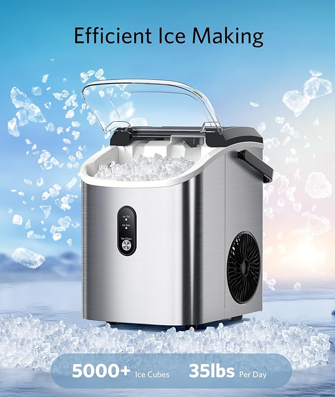 Nugget Ice Maker Countertop - Pebble Ice Maker with Self-Cleaning, 35lbs/Day, Ready in 6 Mins, Portable Sonic Ice Machine with Handle, Basket & Scoop for Home, Kitchen, RV, Outdoor (Silver)