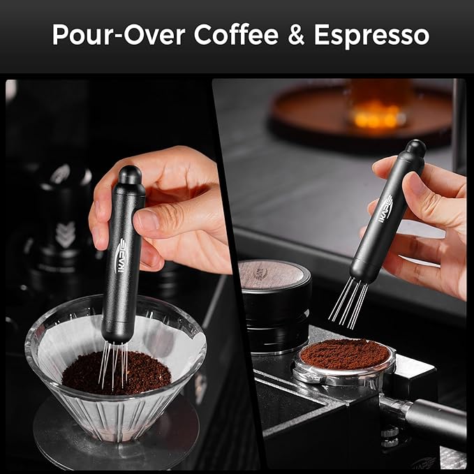 IKAPE Retractable Coffee WDT Tool, One-Press Release Espresso Stirrer Distribution Tool, 0.4mm 8 Adjustable Needles, Even Coffee Grounds Distribution with Stand & Extra Needles