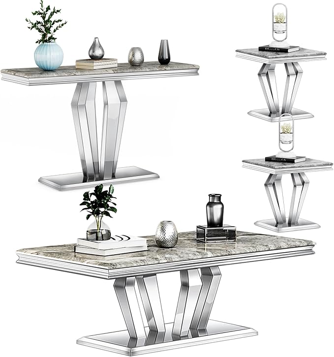 4-Piece Coffee Table Set, Gray and Silver Living Room Tables with 4 Geometric Bases, 1 Coffee Table + 2 End Table + 1 Console Table for Home Office