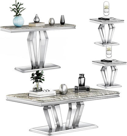 4-Piece Coffee Table Set, Gray and Silver Living Room Tables with 4 Geometric Bases, 1 Coffee Table + 2 End Table + 1 Console Table for Home Office