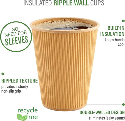 Restaurantware 8 Ounce Double Wall Disposable Coffee Cups, 500 Insulated Kraft Paper Tumblers with Ripple Wall Design, Lids Sold Separately for Hot Drinks like Tea, Hot Chocolate, and More