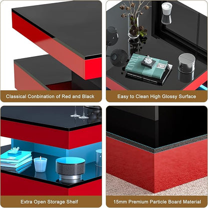 Red LED Coffee Table for Living Room, Living Room Table 2-Tier Square Modern High Glossy Contemporary Wood Coffee Tables with Storage, Tea Table for Dining Reception Room