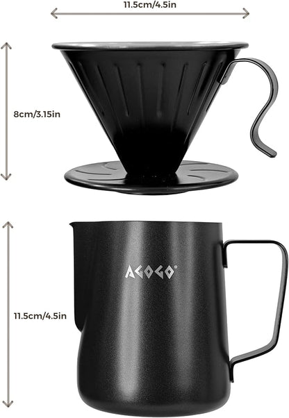 AGOGO Compact Portable Pour Over Coffee Maker Set - Easy Cleaning 304 Stainless Steel Dripper Set for Camping & 50 Filters Paper & Cleaning Rag (Black, 600ml)