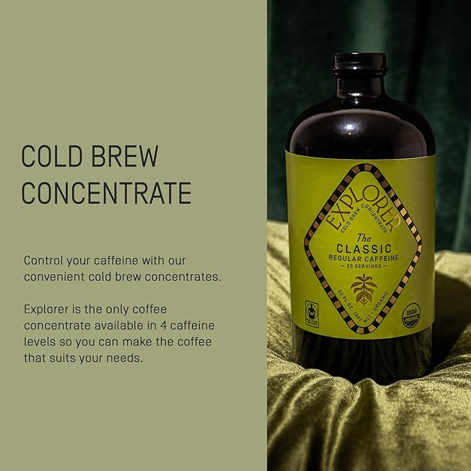 Explorer Cold Brew Organic Liquid Coffee Concentrate, Classic Regular Caffeine, Drink Iced or Hot, 32 fl oz, Makes 20+ Cups