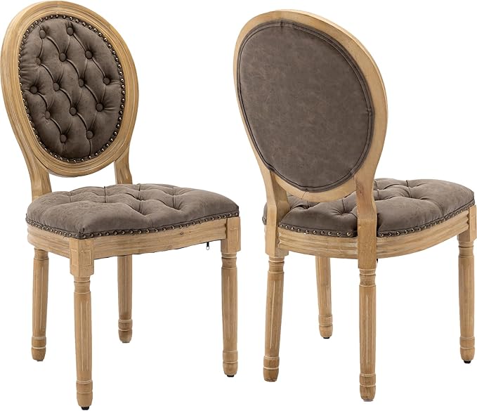 Vintage French Country Dining Chairs Set of 2, PU Leather Dining Chairs with Solid Wood Legs, Brown Upholstered Dining Chair, Sillas para Comedor, Kitchen & Dining Room Chair (Brown, PU, 2Pcs)