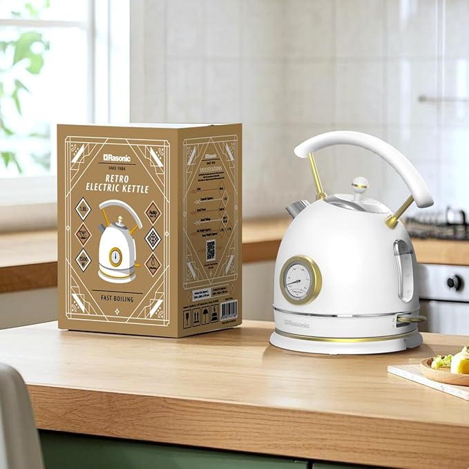 Rasonic Classic Retro Electric Kettle, 1.8L Stainless Steel, 1500W Fast Quiet Boiling, Temperature Gauge, LED Light, Auto Shut-Off, Home & Office Use - White and Champagne Gold