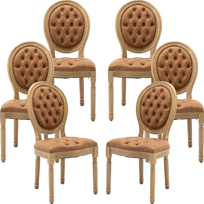 Vintage French Country Dining Chairs Set of 6, PU Leather Dining Chairs with Solid Wood Legs, Orange Upholstered Dining Chair, Sillas para Comedor, Kitchen & Dining Room Chair (Orange, PU, 6Pcs)