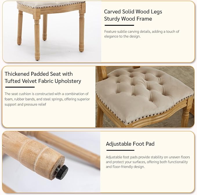 French Country Dining Chairs Set of 8, Vintage Wooden Dining Chairs with Fabric Upholstered Tufted Seat,Solid Wood Legs&Frame, Farmhouse Kitchen&Living Room Chairs(Beige,8 Pcs)