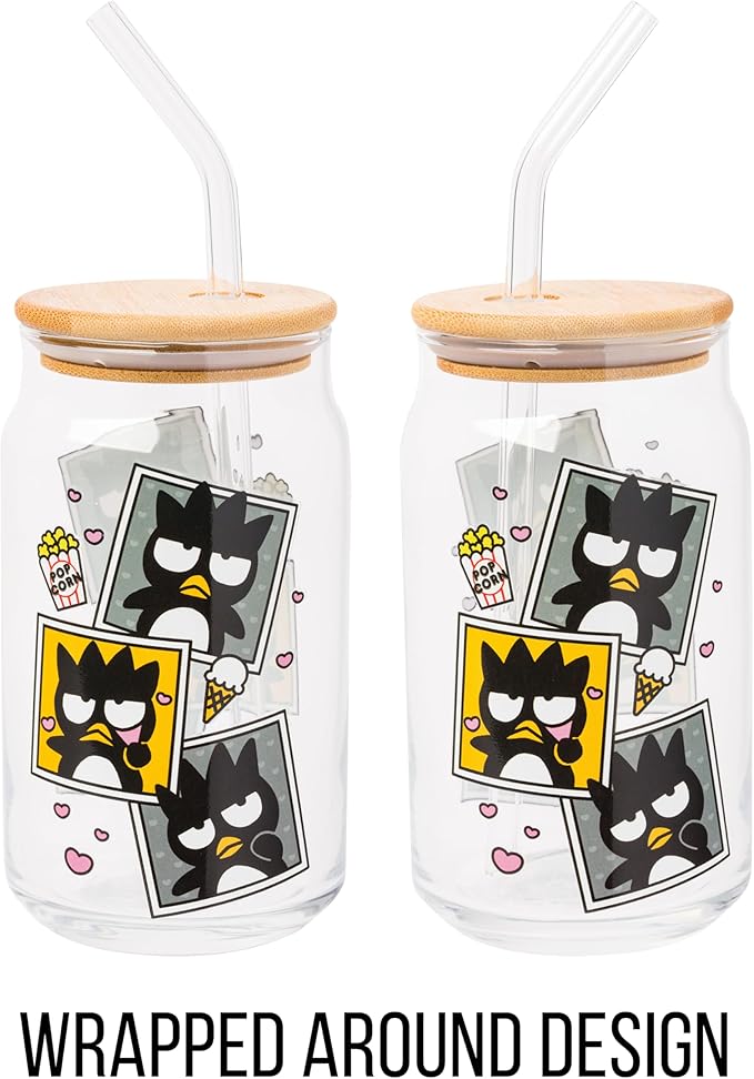 Silver Buffalo Sanrio Hello Kitty and Friends Badtz-Maru Polaroids Glass Jar Tumbler with Bamboo Lid and Glass Straw, 16 Ounces