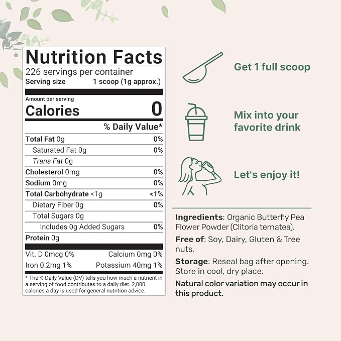 Micro Ingredients Organic Butterfly Pea Flower Powder, 8 oz | Herbal Tea Powder for Hot or Iced Drinks | Natural Blue & Purple Color | Rich in Antioxidants | Caffeine-Free, Non-GMO, No Sugar