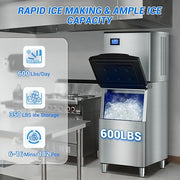 Commercial Ice Maker Machine 650LBS/24H with 350LBS Ice Storage Bin – 182 Cubes per Cycle in 6-15 Mins, Stainless Steel Industrial Ice Machine for Restaurants, Bars, Cafes & Business Use