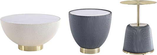 Manhattan Comfort Modern Anderson Coffee Table, 1.0 & 2.0 End Table, Upholstered in Cream and Grey Leatherette with Ceramic Faux Tabletop and Gold Metal Tabletop- Set of 3