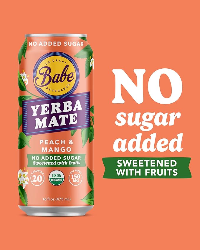 Babe Organic Yerba Mate Energy Drinks | NO SUGAR ADDED with 150mg Plant-Based Caffeine | Natural Yerba Mate Tea with No Crash, No Jitters - Peach Mango (12 x 16oz Cans)