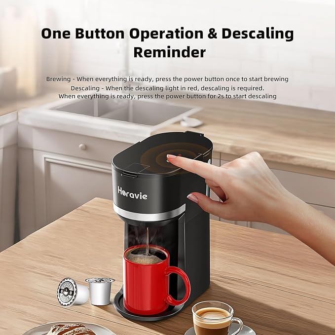 Mini Single Serve Coffee Maker for K Cup and Ground Coffee, Fast Brew One Cup Coffee Machine with Descaling Reminder and Water Window, 6 to 12 oz. Brew Sizes, Black
