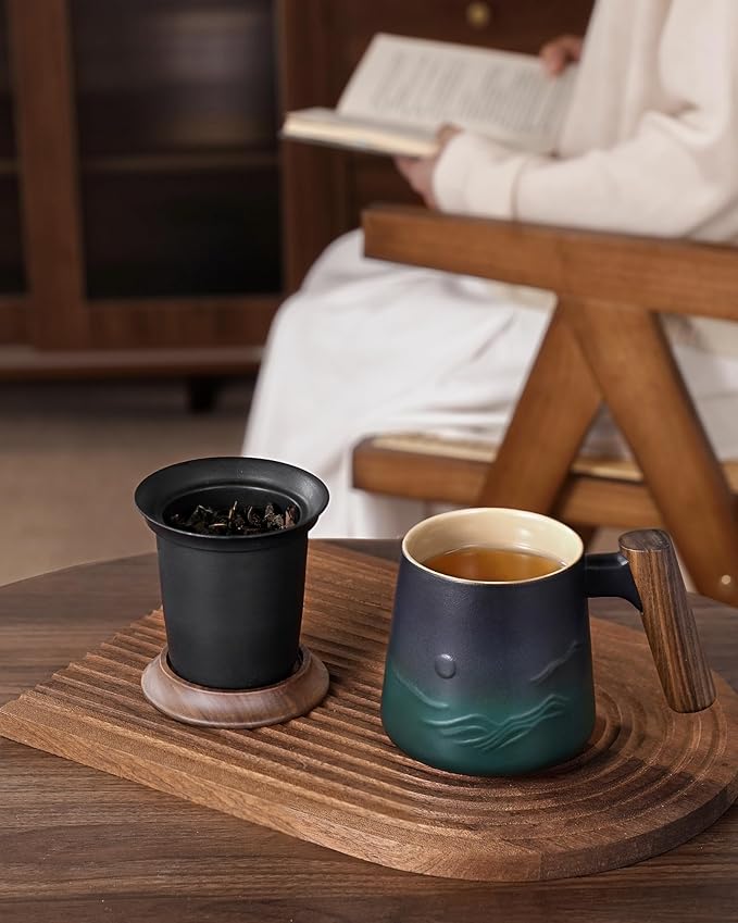 ZENS Embossed Ceramic Tea Mug with Infuser and Lid, 14.5 oz Wooden Handle, Loose Leaf Tea Steeper Mugs & Strainer for Tea Lovers Gifts