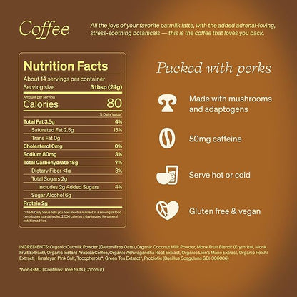 Clevr Blends Mushroom Coffee Latte, Instant Powder with Oat Milk, Lions Mane, Reishi Mushroom, Arabica Coffee Beans Medium Roast Fair Trade, Coconut Cream, Ashwagandha, Serve Hot or Iced, (14 Lattes)