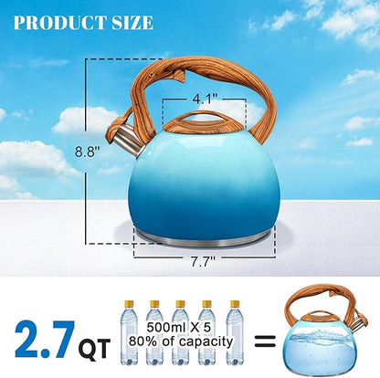 GGC Tea Kettle for Stove Top, 3.1QT/3L Whistling Tea Kettles for Boiling Water Coffee or Milk, Gradient Blue Tea Pot with Wood Parttern Handle, Stainless Steel Tea Pots for Home and Kitchen