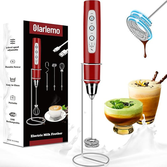 Milk Frother Handheld Rechargeable with Stand, Frother Wand Drink Mixer Electric Whisk for Coffee, Detachable With 3 Stainless Whisks, Hand Mixer for Lattes, Cappuccino, Matcha, Egg, Red