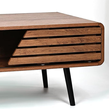 Mid Century Modern Coffee Table - Coffee Table for Living Room, 39.4" Fluted Design with Sliding Door Storage & Open Shelves, Wood Construction, Walnut