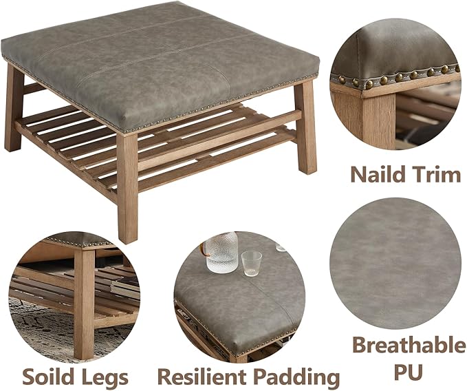 Kmax 32-Inch Grey Faux Leather Coffee Table Large Square Ottoman Foot Rest Stool Upholstered Coffee Table with Wooden Shelf Storage for Living Room Office