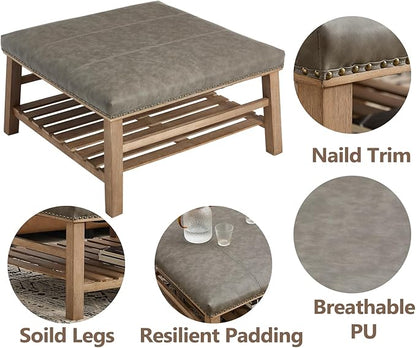 Kmax 32-Inch Grey Faux Leather Coffee Table Large Square Ottoman Foot Rest Stool Upholstered Coffee Table with Wooden Shelf Storage for Living Room Office