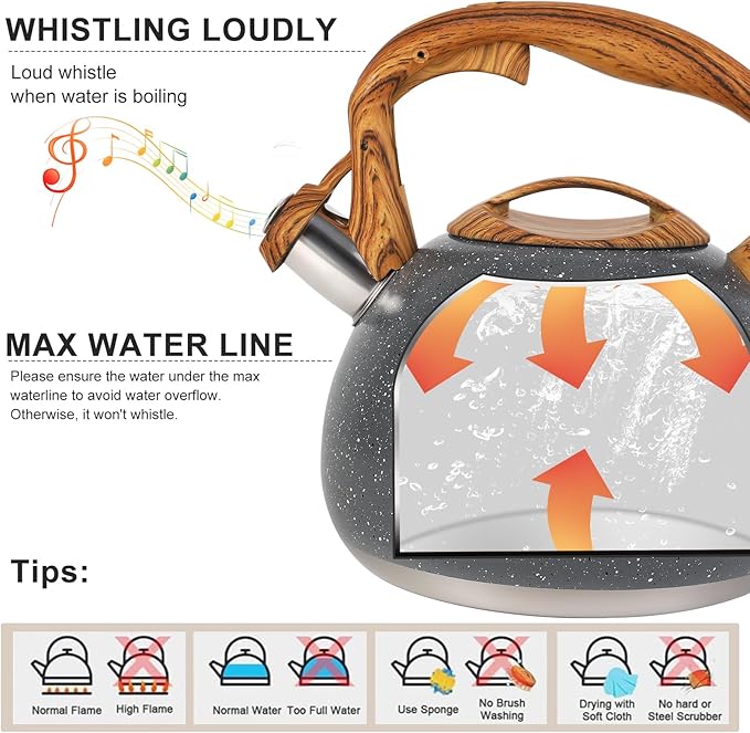 Tea Kettle, Vegoran 100 OZ / 3 Liter Whistling Tea Kettle, Tea Pots for Stove Top Food Grade Stainless Steel with Wood Pattern Folding Handle, Loud Whistle Kettle for Tea, Coffee, Milk (Gray)