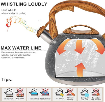 Tea Kettle, Vegoran 100 OZ / 3 Liter Whistling Tea Kettle, Tea Pots for Stove Top Food Grade Stainless Steel with Wood Pattern Folding Handle, Loud Whistle Kettle for Tea, Coffee, Milk (Gray)