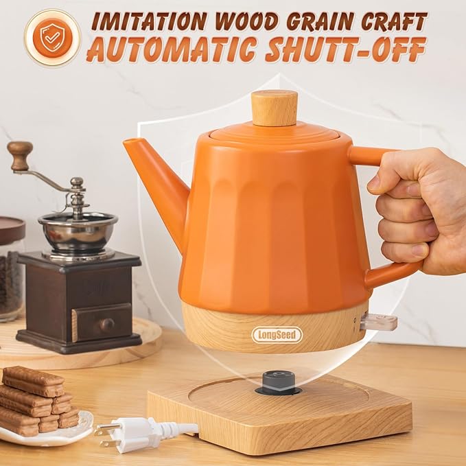 1.2-Qt Ceramic Electric Kettle Pot, Tea Kettle & Water Boiler with Automatic Shut-Off, Rapid Boil, Boil-Dry Protection, 1000W,Red