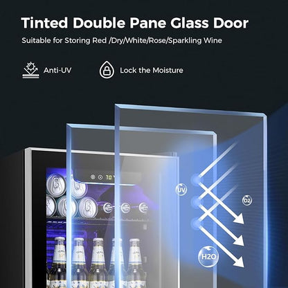 Kismile 3.2 Cu.ft Beverage Refrigerator and Cooler, 130 Can Mini Fridge Glass Door,Digital Temperature Display for Soda, Beer or Wine, Small Drink Dispenser Cooler for Home, Office or Bar(Black)