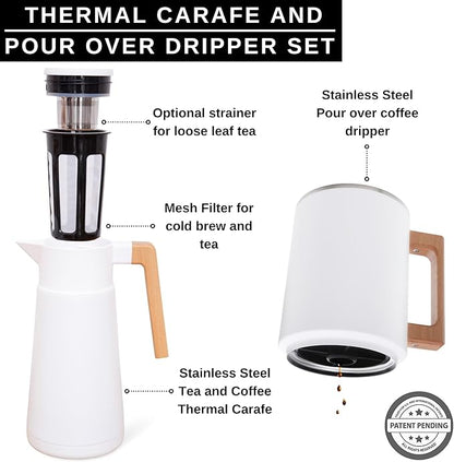 HASTINGS 68 Oz Pour Over Coffee Maker Set with Double Layer Reusable Stainless Steel Filter 8-Cup and Wood Handle - Dual Wall Heat Resistant Drip Coffee Brewer, Pour Over Coffee Dripper Carafe, White