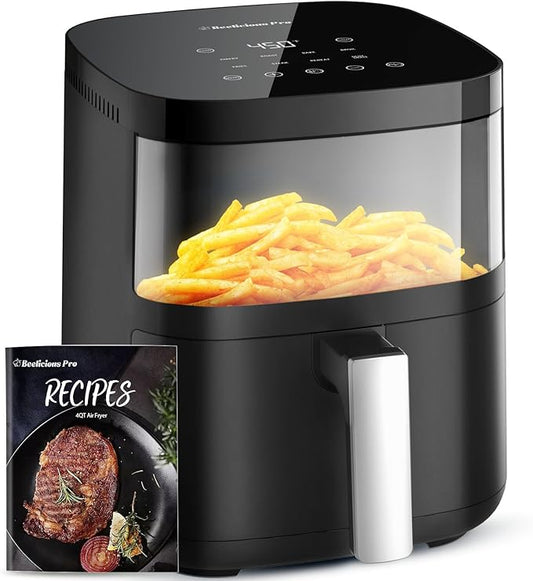 Air Fryer, Beelicious 8-in-1 Smart Compact 4QT Air Fryers, with Viewing Window, Shake Reminder, 450°F Digital Airfryer with Flavor-Lock Tech, Dishwasher-Safe & Nonstick, Fit for 1-3 People, Black