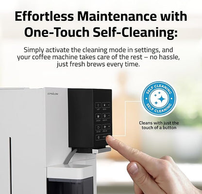 Epsilon Fully Automatic Coffee Machine, Modern One Touch Espresso Machine, Integrated Milk Frother and Custom Brewing Cafe Maker, Compact Countertop Size, Self Cleaning Cafetera (White)
