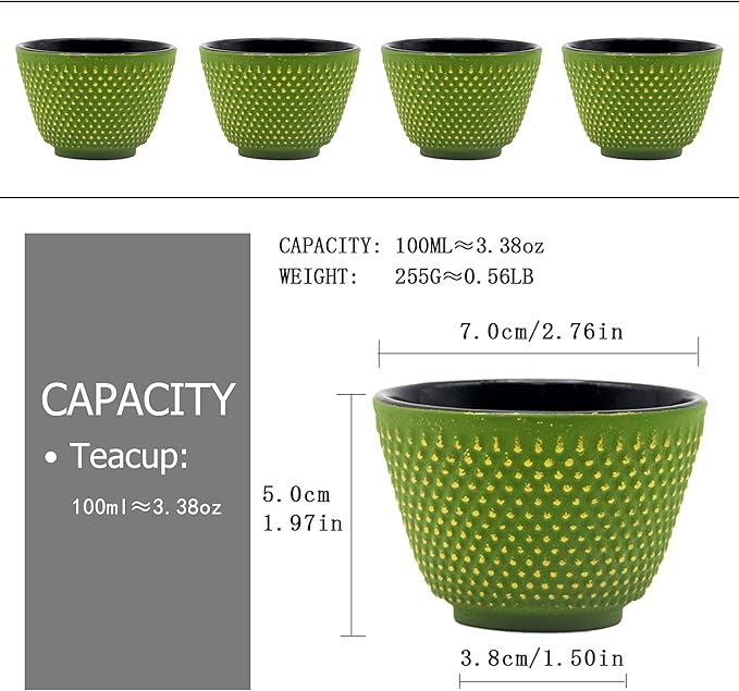 Japanese Cast Iron Tea Cups, Small and Heavy Teacups with no Handles, Japanese Style Cup for Adults, Asian Teacups, Coated with Enameled Interior, 4 Pcs/Box (Green, 3.38oz/100ml)