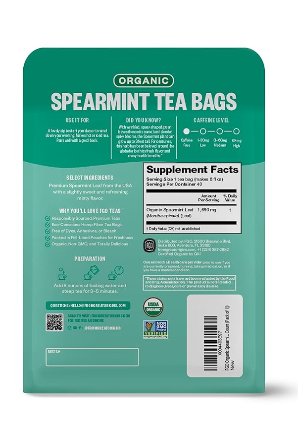 FGO Organic Spearmint Leaf Herbal Tea, 40 Count, Eco-Conscious Tea Bags, Caffeine Free, (Pack of 1)