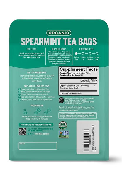 FGO Organic Spearmint Leaf Herbal Tea, 40 Count, Eco-Conscious Tea Bags, Caffeine Free, (Pack of 1)