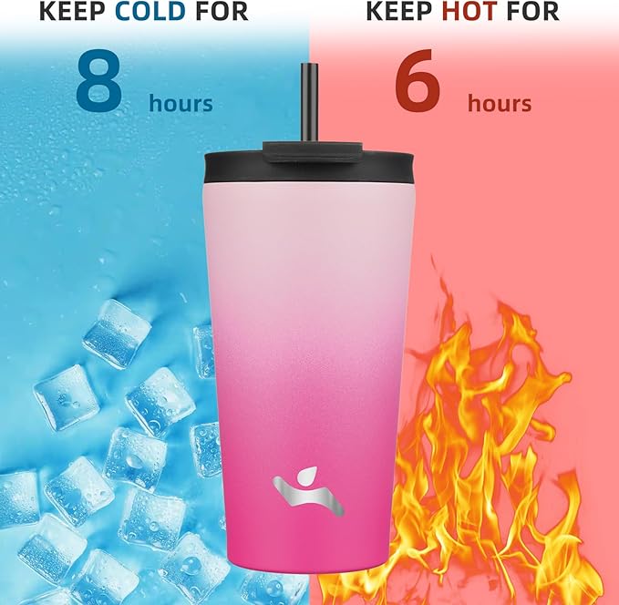 18 OZ Insulated Tumbler with Lid and 2 Straws Stainless Steel Water Bottle Vacuum Travel Mug Coffee Cup,Cherry