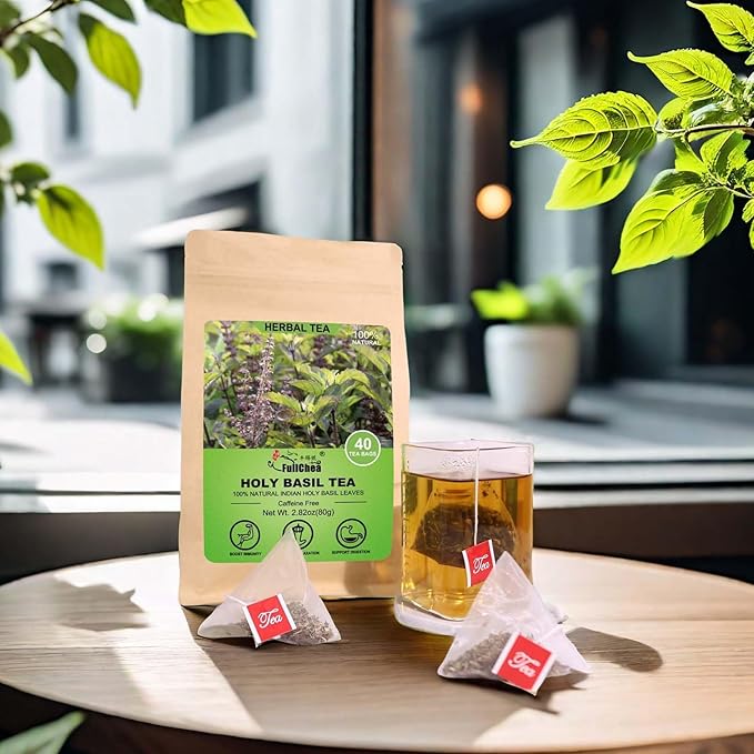 FullChea - Holy Basil Tea Bags, 40 Tulsi Teabags, 2g/bag - Premium Holy Basil Leaves - Non-GMO - Caffeine-free - Support Digestion & Boost Immunity