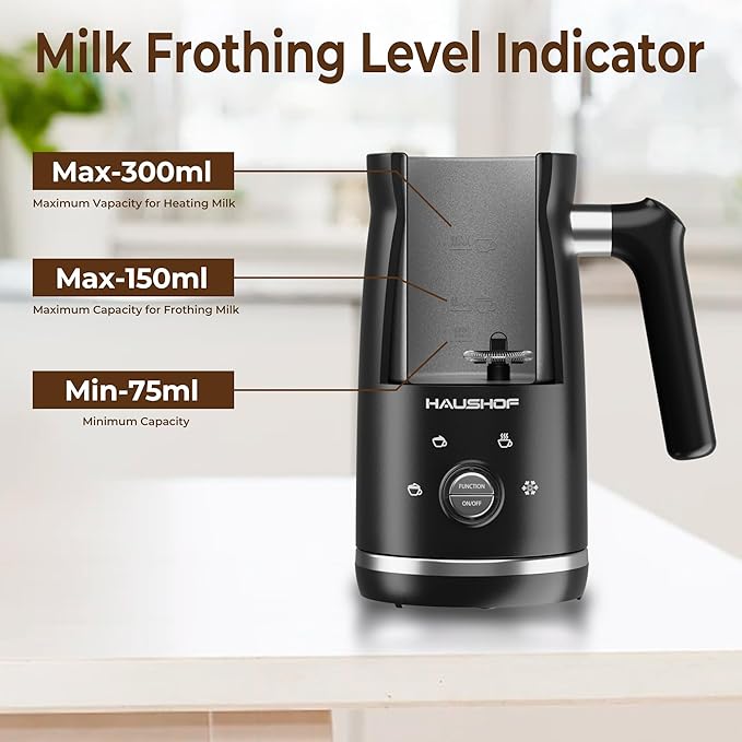 HAUSHOF Electric Milk Frother, 4-in-1 Milk Frother and Steamer, Large Capacity, Automatic Warm and Cold Foam Maker and Milk Warmer for Coffee, Latte, Macchiato, Cappuccino, Hot Chocolate, Black