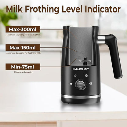 HAUSHOF Electric Milk Frother, 4-in-1 Milk Frother and Steamer, Large Capacity, Automatic Warm and Cold Foam Maker and Milk Warmer for Coffee, Latte, Macchiato, Cappuccino, Hot Chocolate, Black