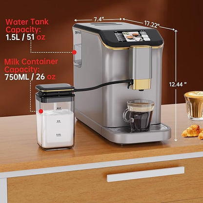 Automatic Espresso Machine with Coffee Grinder and Milk Frother, 20 Bars Pressure, 15 Grind Settings, Space Saving, Energy Efficient, Thermoblock Heating, Fast Brew for Home Kitchen