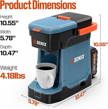 SENIX Coffee Maker, Portable Coffee Machine, 2-in-1 20V 5.0 Ah Battery, Charger & Power Cord, Compatible with K-Cups, Ground, Pods, 8oz Brew Size - for Travel, Camping, Job Site, RV, Home (CMX2-M4)