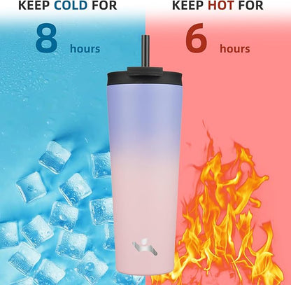 26 OZ Insulated Tumbler with Lid and 2 Straws Stainless Steel Water Bottle Vacuum Travel Mug Coffee Cup,Pastel Sunset