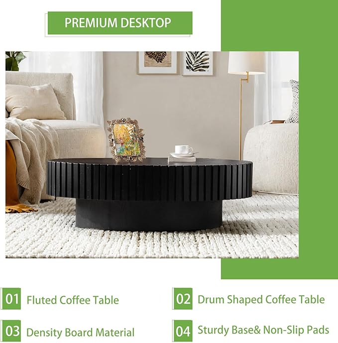 Handmade Oval Grooved Drum-Shaped Coffee Table、Rustic Modern Circular Centerpiece for Living Room & Farmhouse Decor、Easy to Clean (C Black 43in)