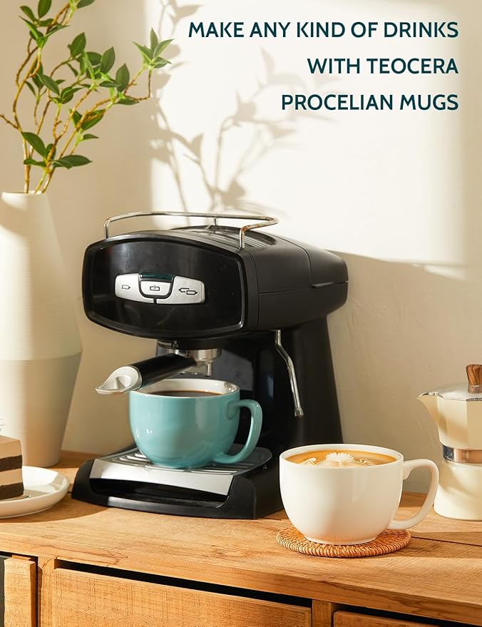 Teocera Turquoise Coffee Mugs Set of 4, 16 oz Ceramic Coffee Mug, Large Mug Set with Handle for Cold or Hot Drinks like Cocoa, Milk, Latte, Fruit Cereal, Long-lasting Porcelain with Modern Design