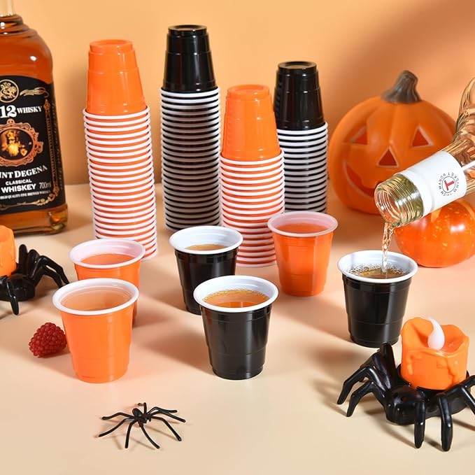 100 Pack 2 oz Plastic Shot Glasses Disposable Shot Cups, Mini 2oz Party Cups for Halloween, Birthday, Wedding, Bachelorette Party, Baby Shower Supplies (Orange, Black)