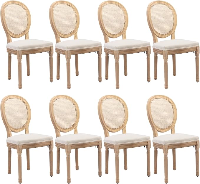 French Country Dining Chairs Set of 8, Vintage Wooden Dining Chairs with Fabric Upholstered Seat&Rattan Oval Backrest,Solid Wood Legs&Frame, Farmhouse Kitchen&Living Room Chairs(Beige,8 Pcs)