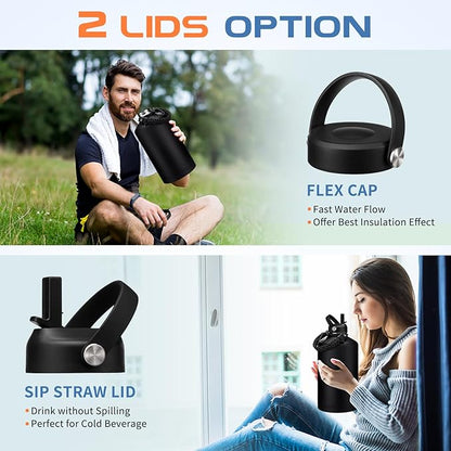 1 Gallon Insulated Water Jug w/ Straw - Double Wall Vacuum Insulated Black Water Bottles 128 oz, Gallon Water Bottle w/Paracord Handle, Protective Boot, Water Bottle w/ Strap Gym Work Travel